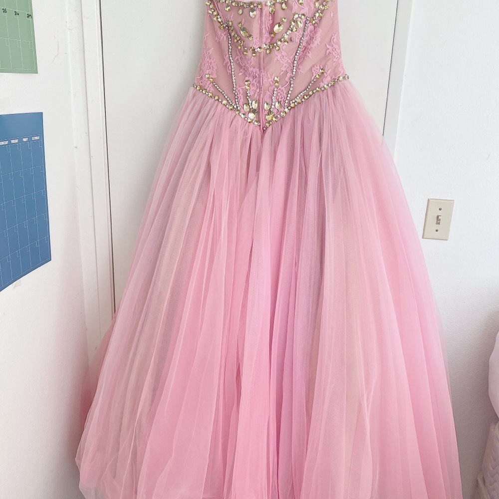 PINK BLUSH SOFT CRYSTAL LACE SHERRI HILL PRINCESS WEDDING PROM BALLGOWN SIZE 12 - Picture 12 of 16